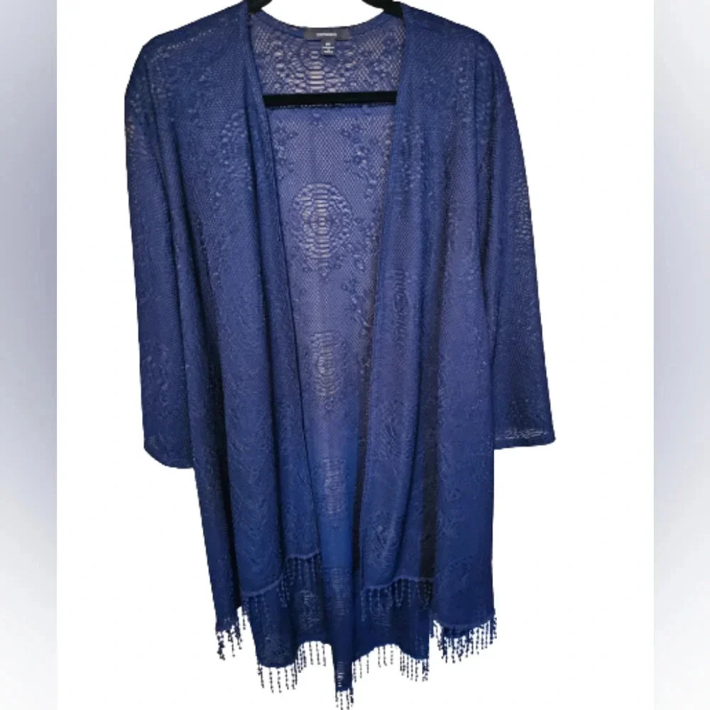 Espresso Navy Blue Lacy Fringed Kimono